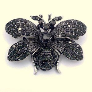 Cute 3D Rhinestone Insect Moth Butterfly Bee Black Gray Brooch Pin 2.5" Retro